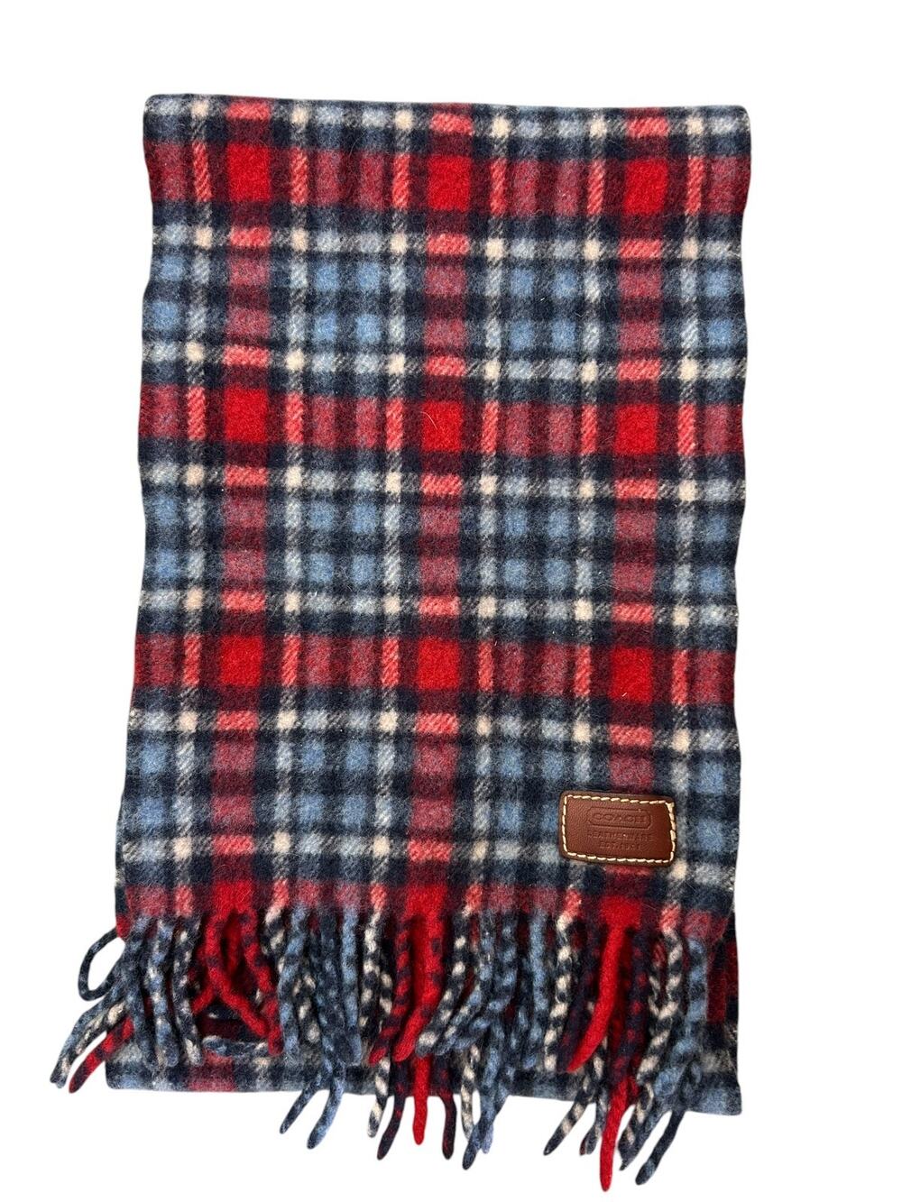 Vintage Coach Plaid Fringe Scarf Red Blue Leather Logo Patch Unisex Winter Wrap